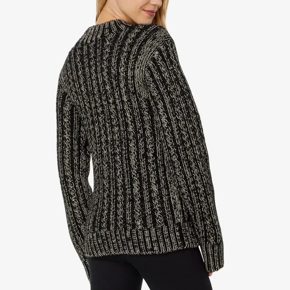 Blanc Noir® Lurex Cable Knit Sweater Size Large Black Silver Crew Neck NEW - Picture 2 of 13